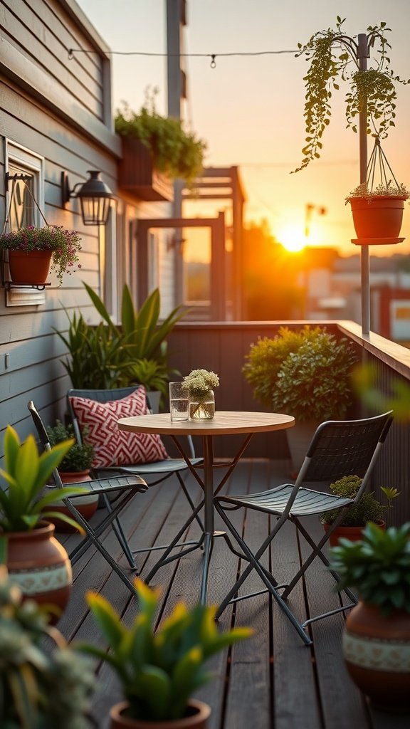 Cozy small deck with folding furniture and plants during sunset