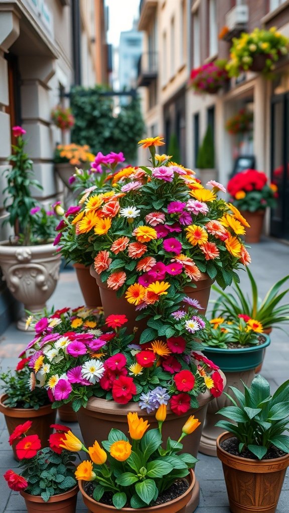 Colorful tiered planters filled with various flowers in a narrow street.