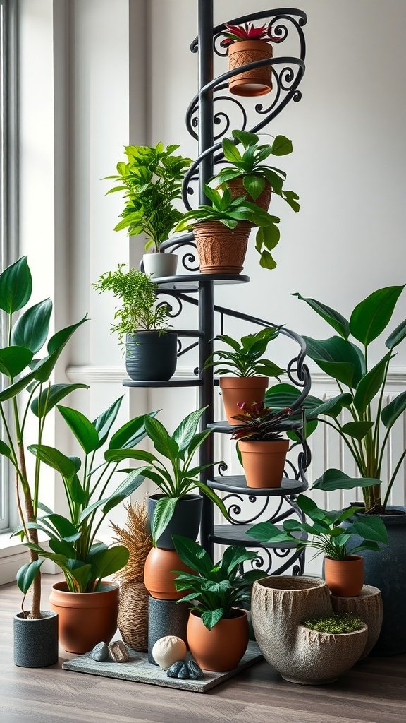 A spiral staircase metal plant stand displaying various plants in pots, showcasing a unique twisting design.