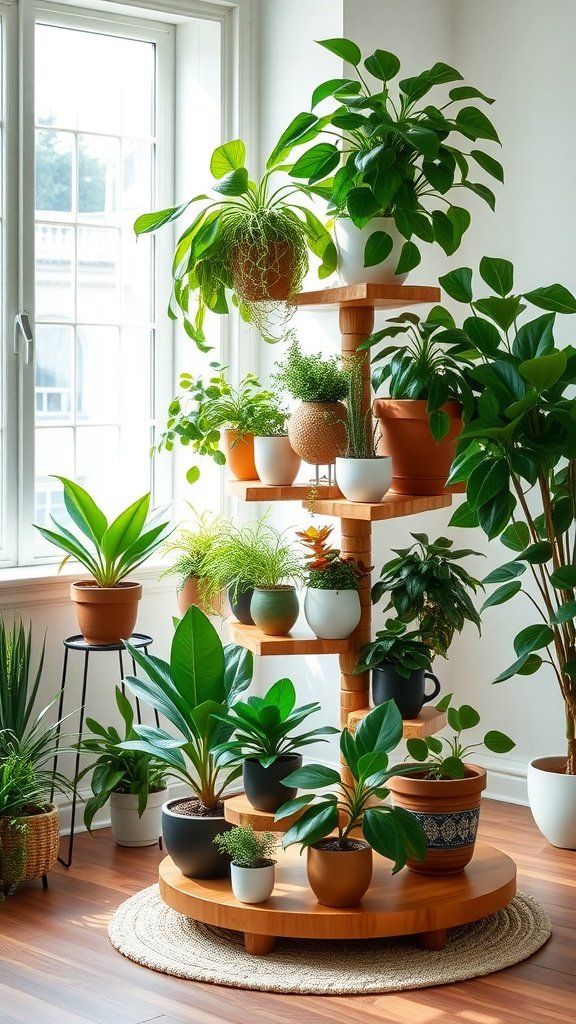 A spiral wooden plant stand displaying various indoor plants, featuring multiple tiers and a cozy wooden finish.