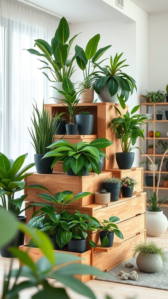 A styled wooden plant stand with asymmetrically stacked boxes, filled with various indoor plants.