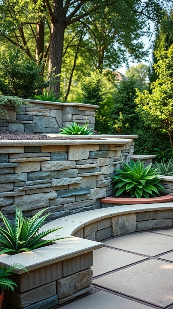 A beautifully designed stamped concrete retaining wall with layered stone texture and surrounding greenery.