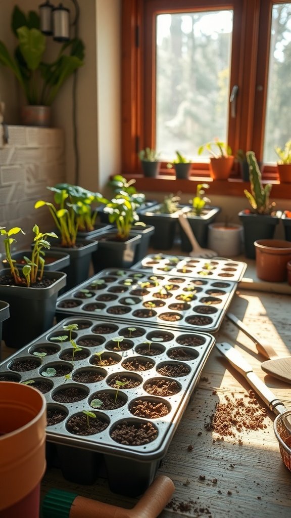 Indoor seed starting setup with young plants in trays by a window