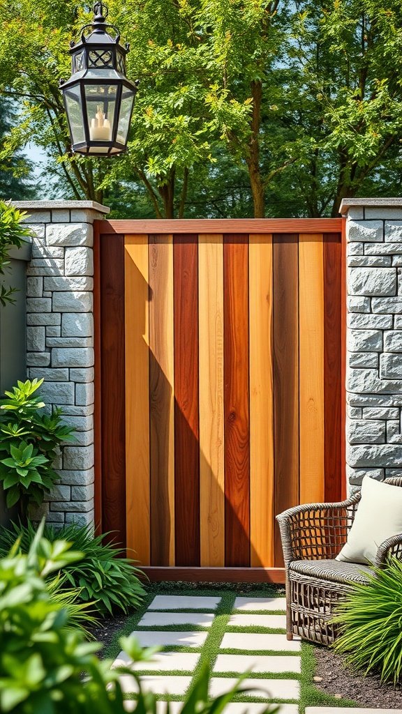 A privacy fence combining wood and stone elements with a lantern and plants.