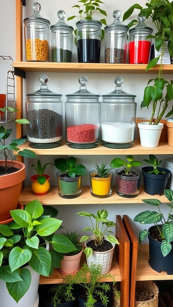 Organized shelf with labeled glass containers for fertilizers and plant food, surrounded by potted plants.