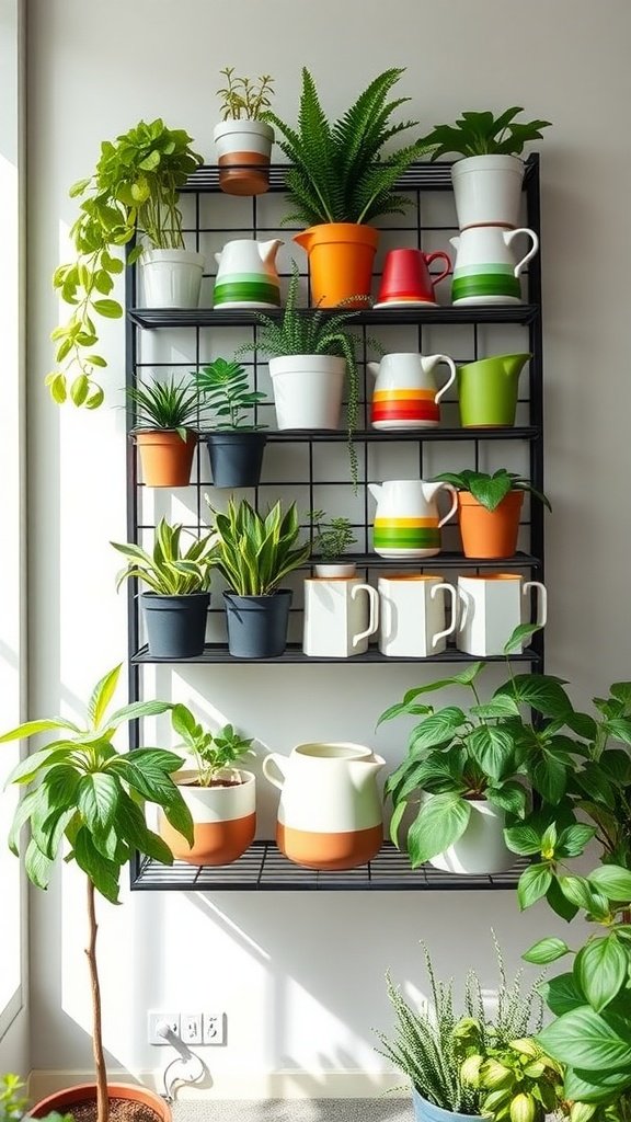 A black wall-mounted rack filled with colorful plant pots and watering cans, showcasing a neat indoor gardening setup.