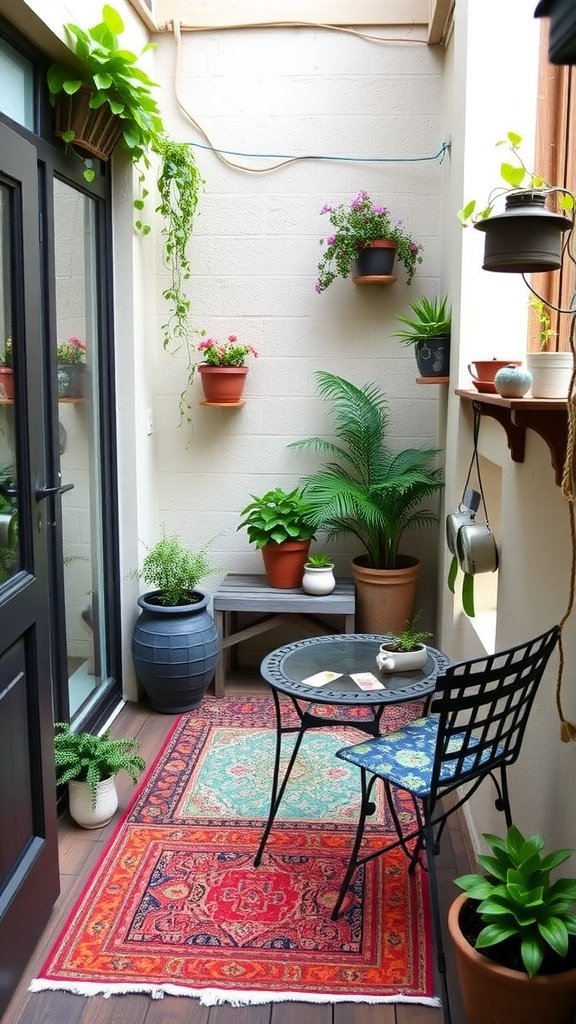 A cozy small patio with a red rug, compact furniture, and plants, showcasing a charming outdoor space.