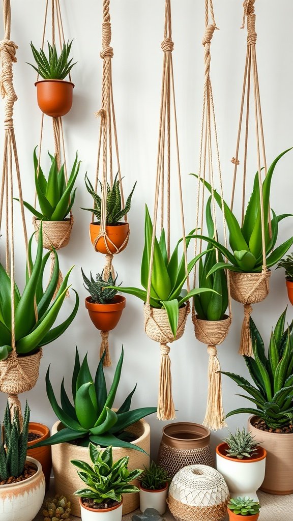 A display of aloe vera plants in macramé hangers, showcasing a trendy boho aesthetic.