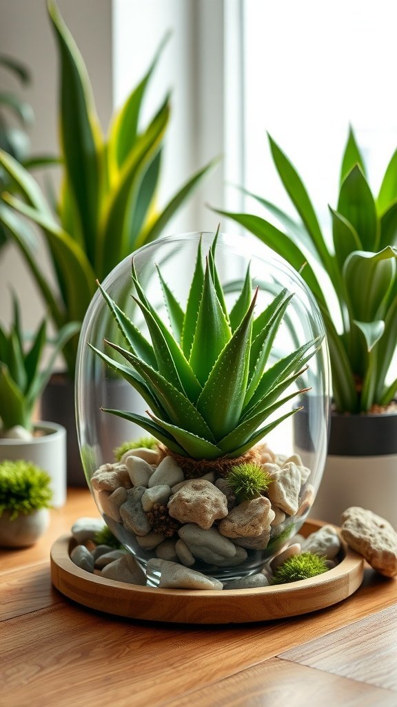 A chic glass terrarium showcasing an aloe vera plant surrounded by decorative stones.