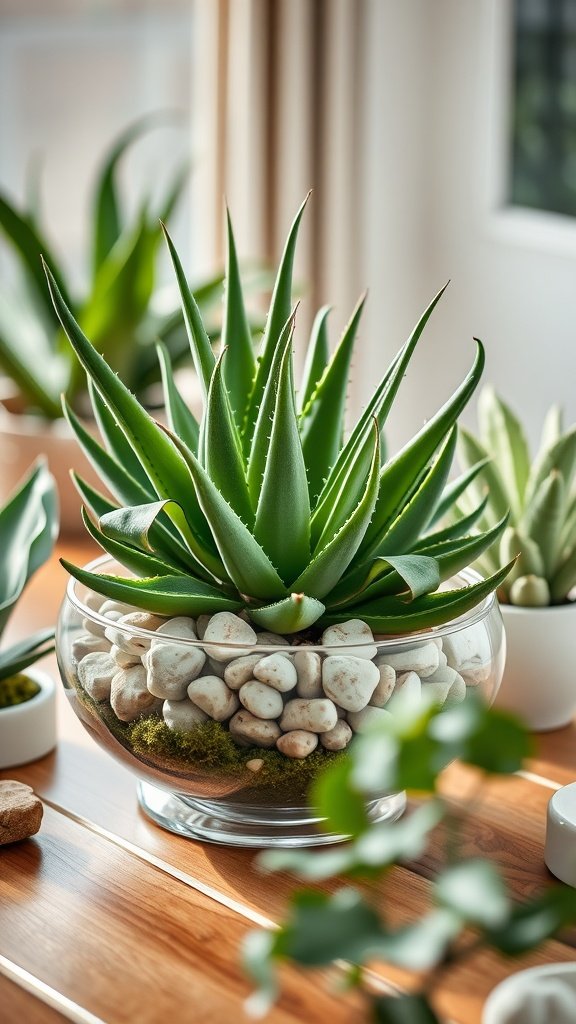 Aloe vera plant in a clear terrarium bowl with decorative pebbles