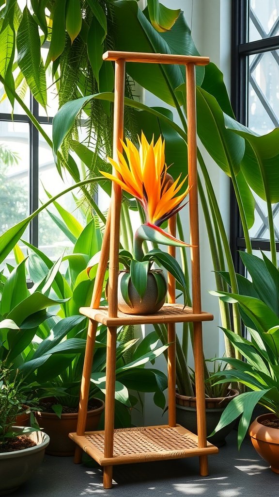 A bamboo tiered plant stand with a Bird of Paradise plant, surrounded by lush green foliage.