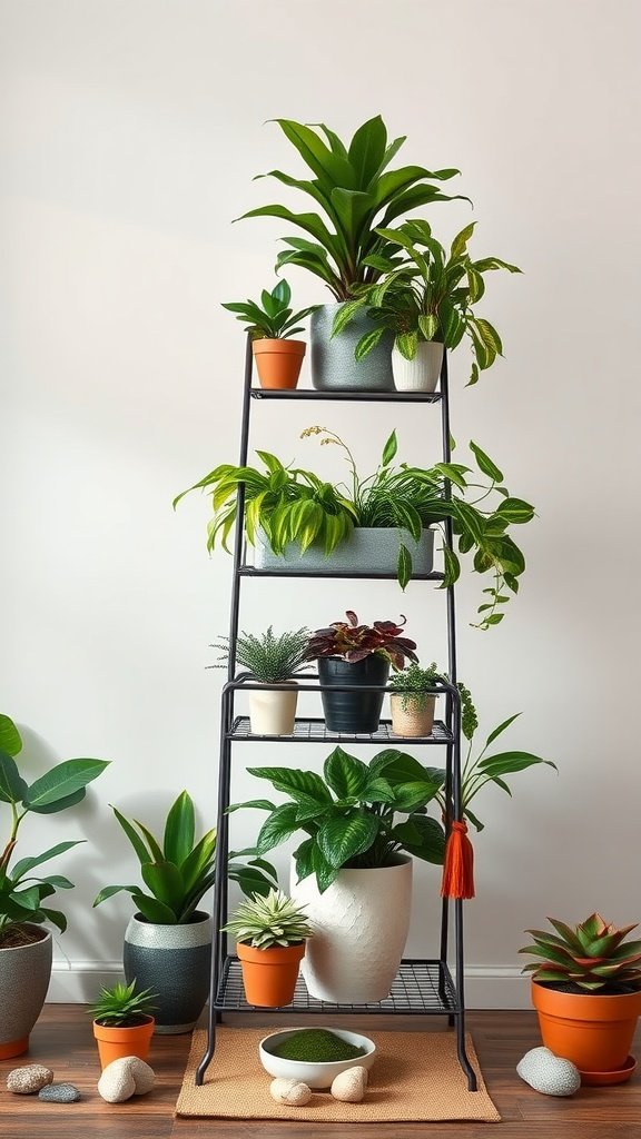 A multi-level metal plant stand with various potted plants, decorated with stones and a mat.