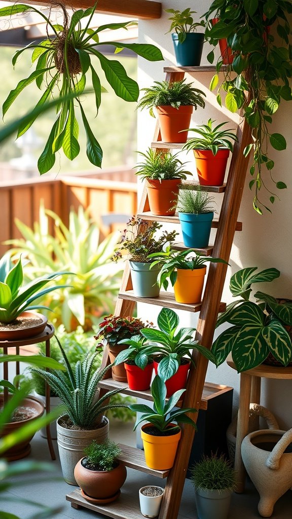 A tiered ladder display filled with colorful pots of plants, showcasing a variety of greenery and flowers.