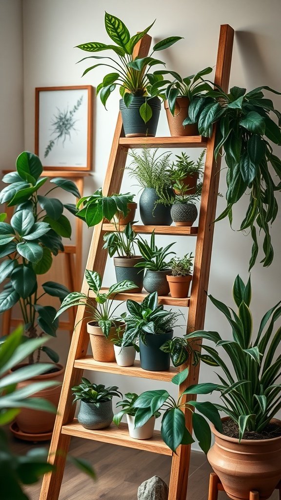 A wooden ladder plant stand filled with various potted plants in an indoor setting, showcasing a mix of greenery and decorative pots.