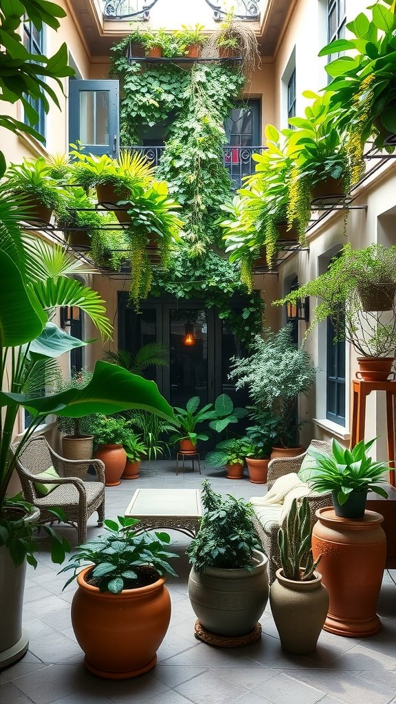 A cozy indoor patio filled with lush plants and comfortable seating, creating a green oasis.