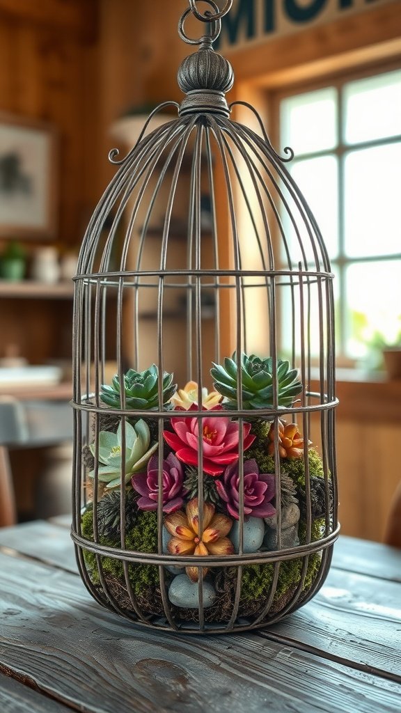 A decorative birdcage filled with colorful succulents and moss, displayed on a wooden table.