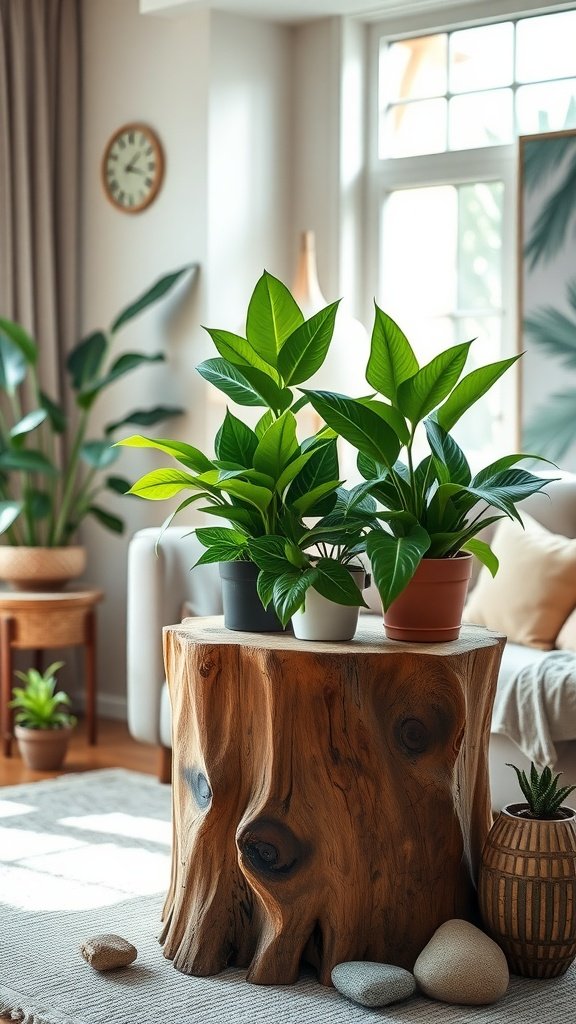 A polished tree stump serving as a plant stand with green plants placed on top, set in a cozy living room.