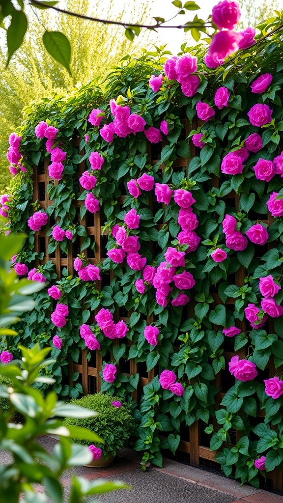 A beautiful trellis privacy fence covered in vibrant pink flowers and green leaves.