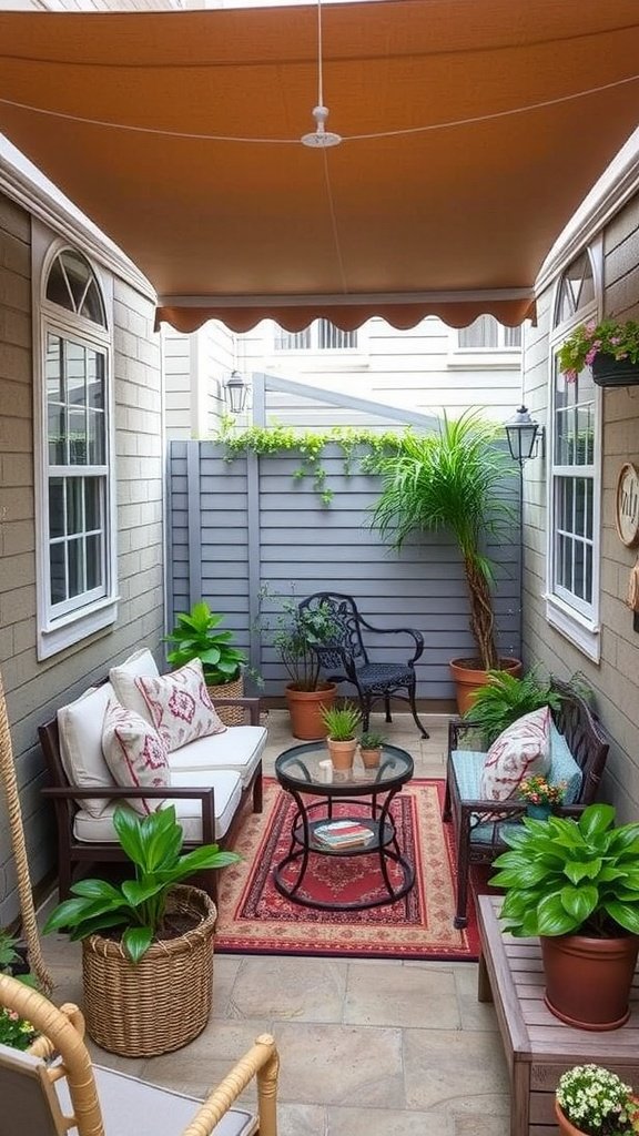 Cozy side patio with seating, plants, and an awning for shade.