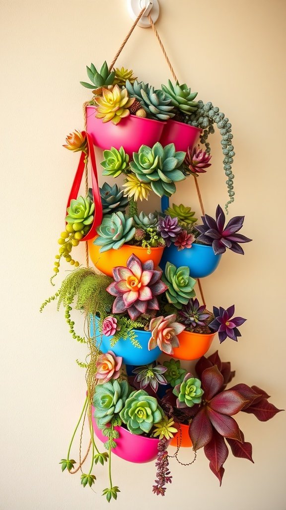 Colorful vertical succulent garden created from a shoe organizer with vibrant pots