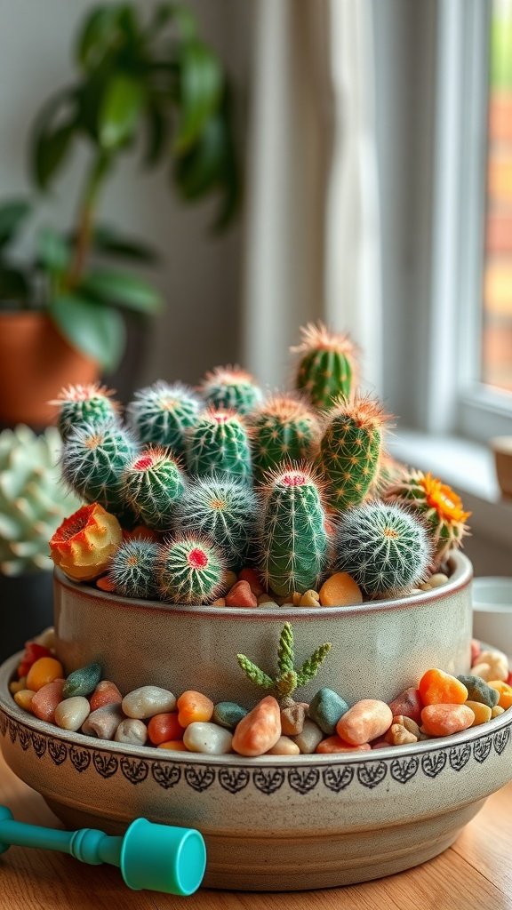 A creative arrangement of tiny cacti in a pot with colorful pebbles.