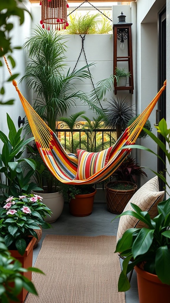 A colorful hammock hanging in a small balcony surrounded by lush plants and decorative items.