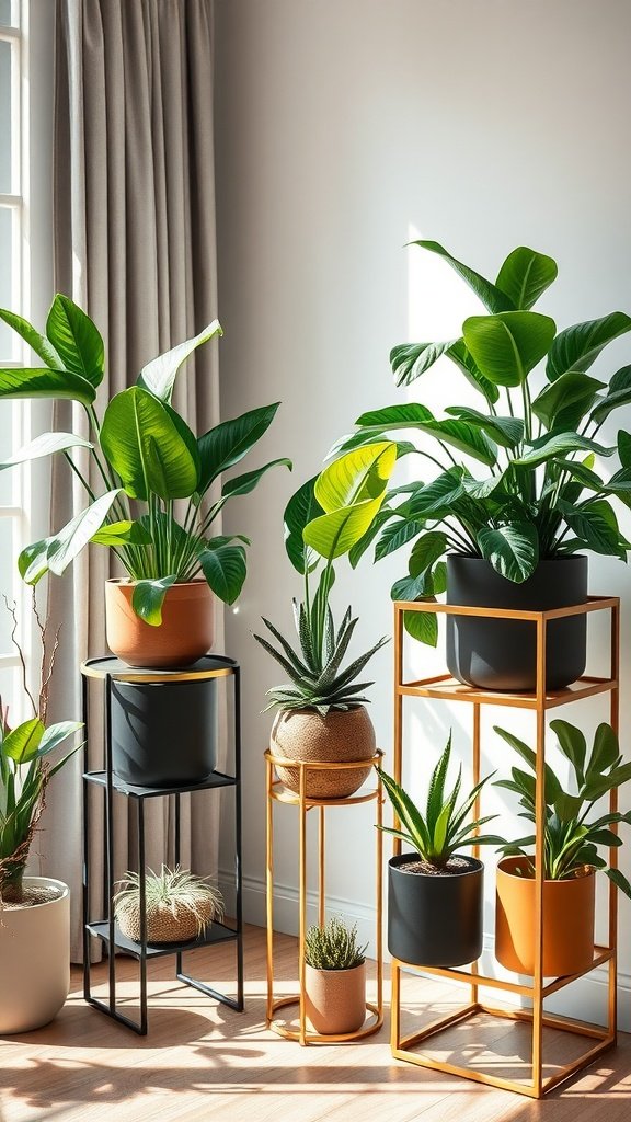 A stylish arrangement of metal plant stands in contrasting black and gold finishes, showcasing various plants in different pots.