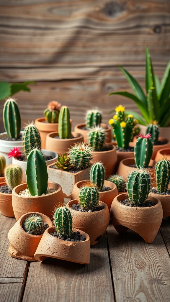 Rustic cactus planters made from broken pottery, filled with various types of cacti