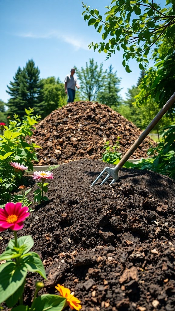 A gardener stands by a large compost pile surrounded by colorful flowers, with a pitchfork resting on the pile.