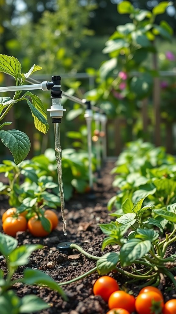 A DIY drip irrigation system in a vegetable garden, with green plants and ripe tomatoes.