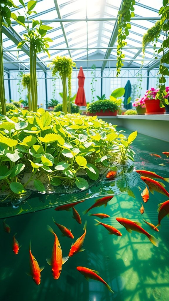 A vibrant aquaponic greenhouse featuring a floating raft system with green plants and colorful fish swimming below.