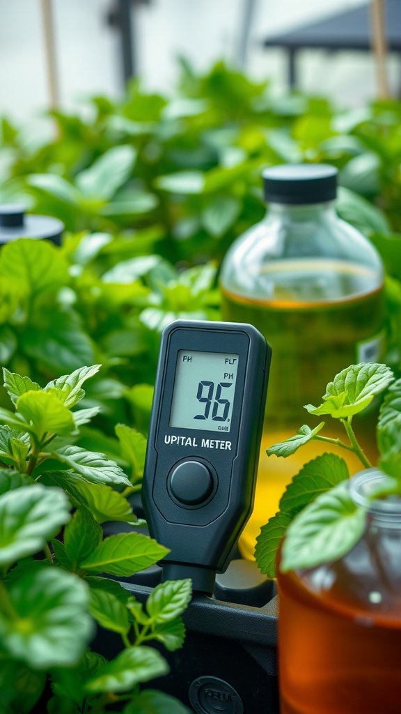 Close-up of a pH meter displaying readings among lush green plants