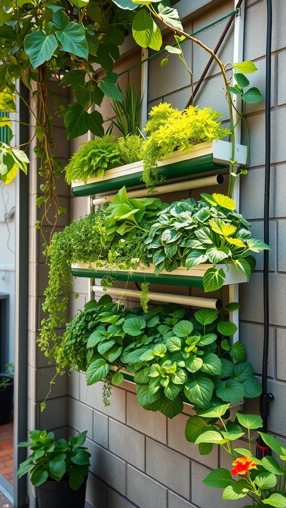 Vertical garden using rain gutters, filled with various green plants, attached to a wall.