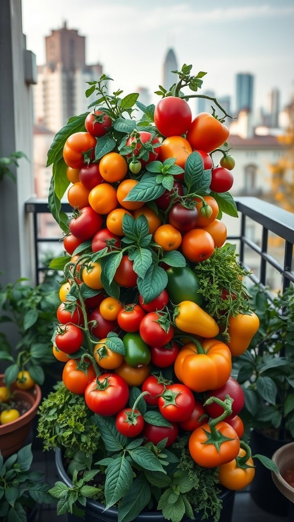 A vibrant tower garden filled with various colorful tomatoes and peppers, showcasing vertical gardening in a small space.