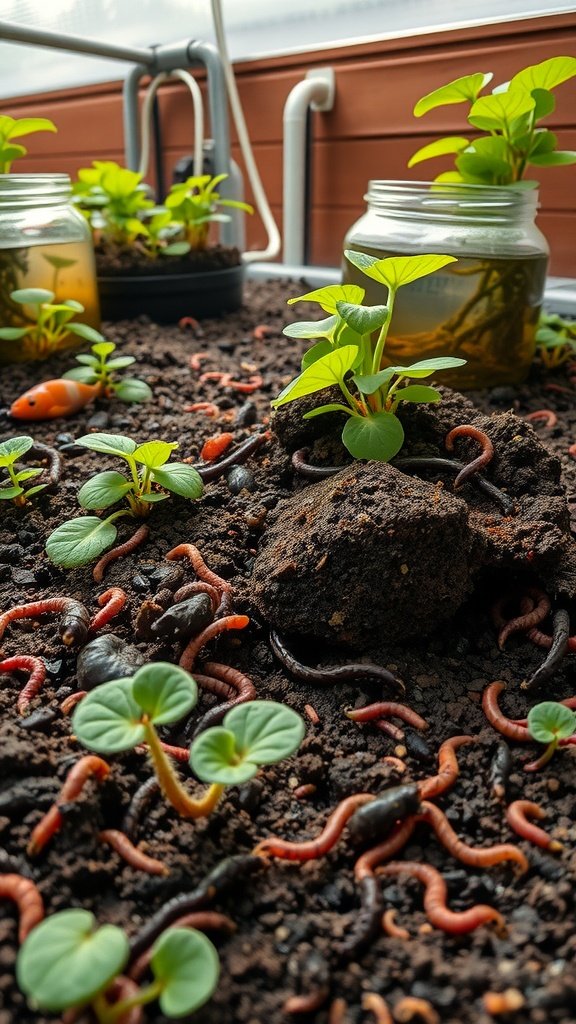 A worm composting system with red worms and young plants in an aquaponic setup.