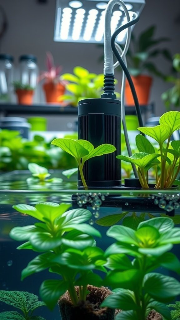 Aquarium pump aerating water in a DIY hydroponic garden with green plants