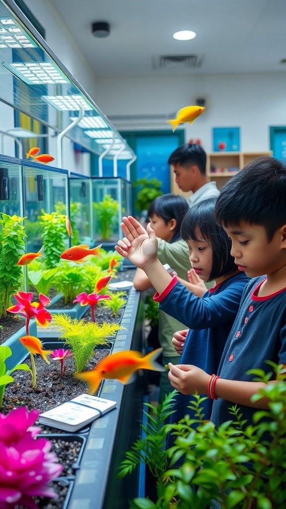 Children observing fish and plants in an aquaponics setup, learning about ecosystems.