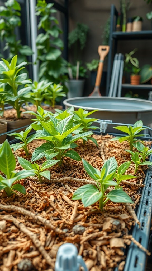 Green plants growing in coconut coir in a hydroponic setup