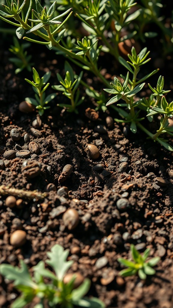 Fresh herbs growing in dark soil with coffee grounds mixed in