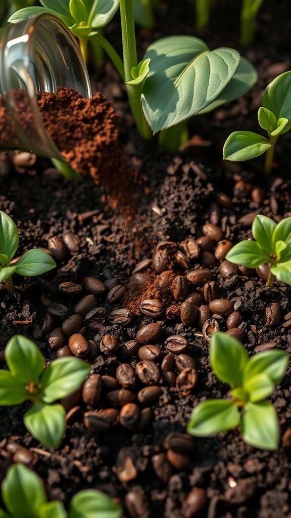 Coffee grounds being sprinkled on soil around green plant sprouts.