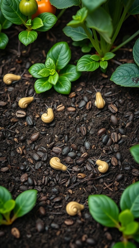 Coffee grounds mixed into soil around green seedlings in a garden