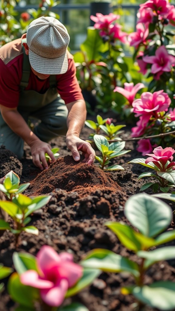 A gardener applying coffee grounds around flowering plants in a garden.