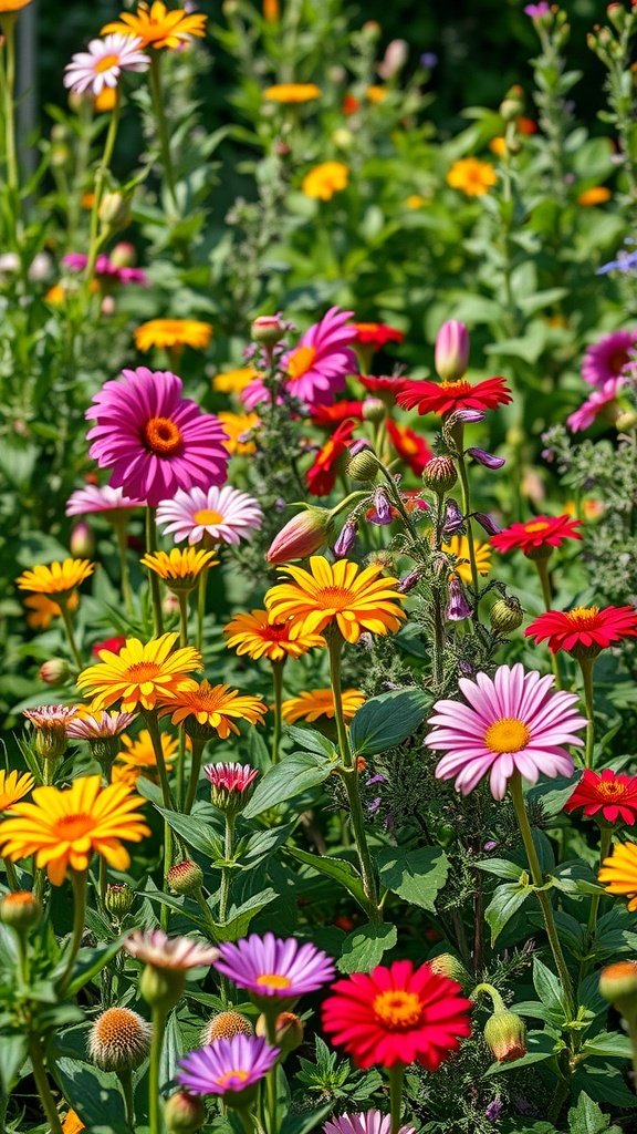 Colorful flower garden featuring a variety of blooms in red, yellow, pink, and purple