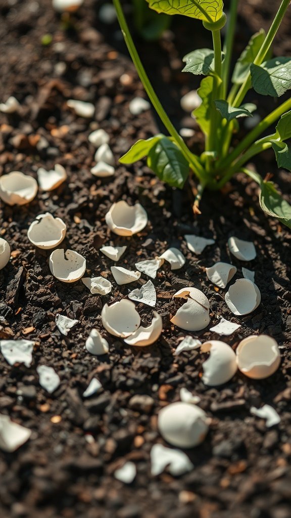 Crushed eggshells scattered on soil around green plants.