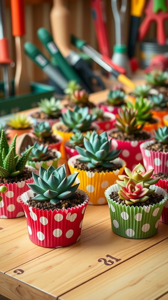 Colorful cupcake liners filled with various succulents on a wooden table.