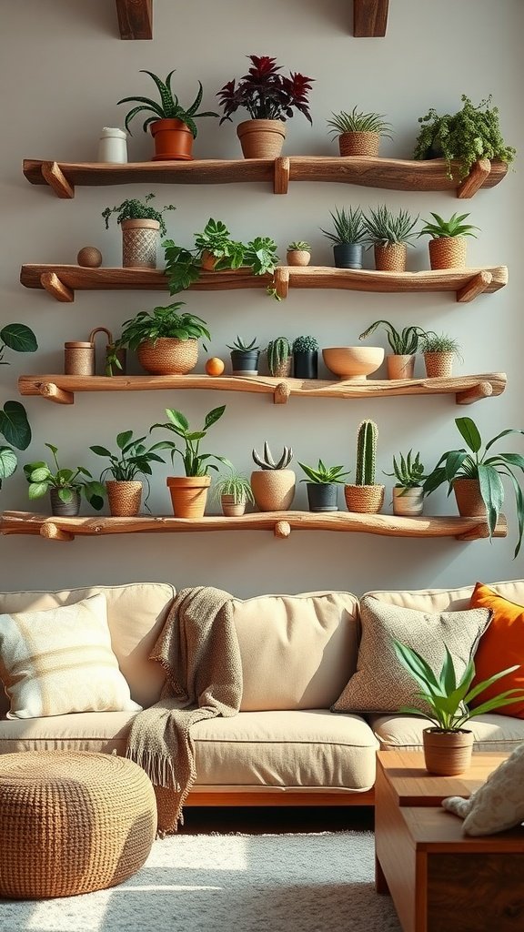 A living room with driftwood shelves displaying various potted plants, featuring a cozy couch and a warm, inviting decor.