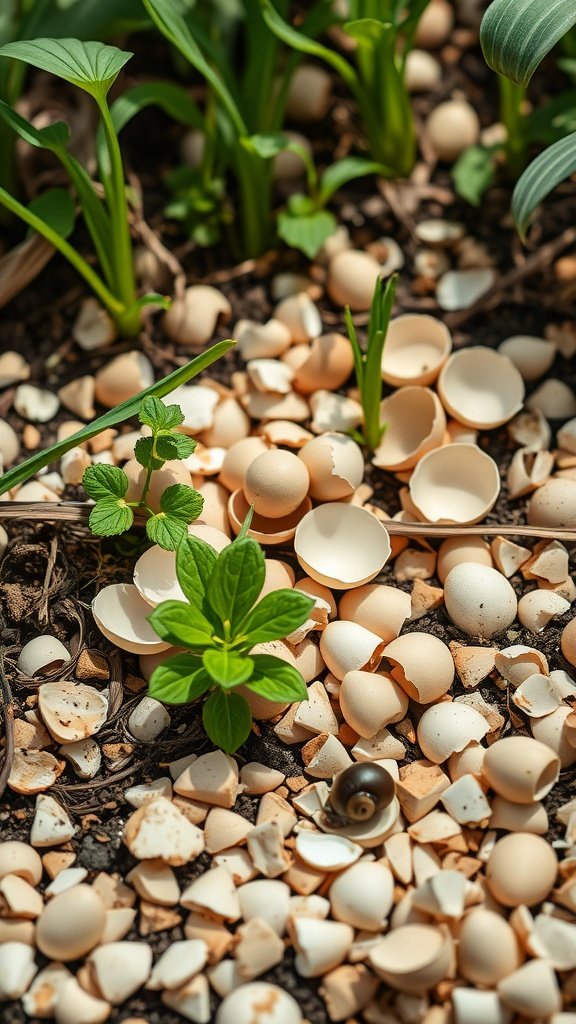 Garden bed with crushed eggshells among green plants, showing a natural pest deterrent.