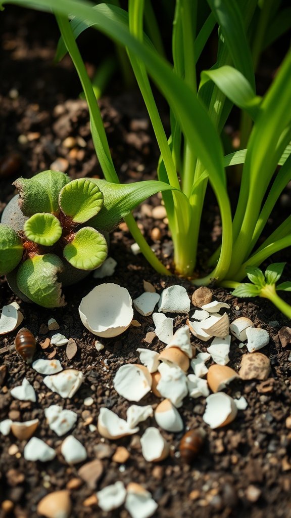 Close-up of soil with crushed eggshells and green plant shoots growing.