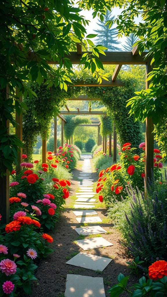 A beautiful garden path lined with colorful flowers and greenery.