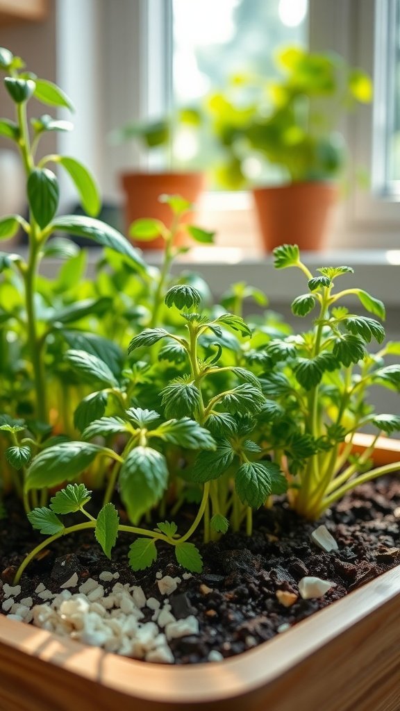 A close-up of a lush herb garden with healthy green plants growing in soil.